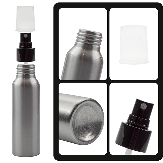 Cornucopia Brands 2-Ounce Aluminum Fine Mist Spray Bottles (6-Pack); Empty Mini Metal Atomizer Bottles, 2.75oz Travel/Purse/Sample Size