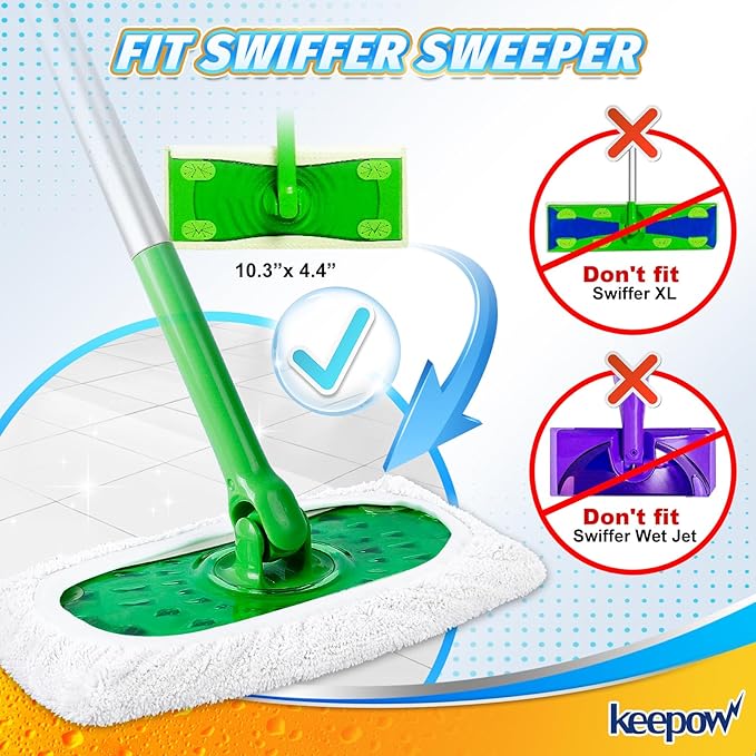 KEEPOW Reusable Microfiber Mop Pads for Swiffer Sweeper Mop, Washable Wet Pad Refills for Wet & Dry Use, Microfiber Dry Sweeping Cloths for Hardwood Floor Cleaning, 10 Pack (Mop is Not Included)