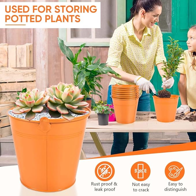 OBTANIM 7 Pack Orange Metal Buckets with Handle Galvanized Ice Pails for Plants, Succulents, Party Favors Organizing, Rustic Home Decor or Classrooms Pencil Storage (6 x 4.4 inch)