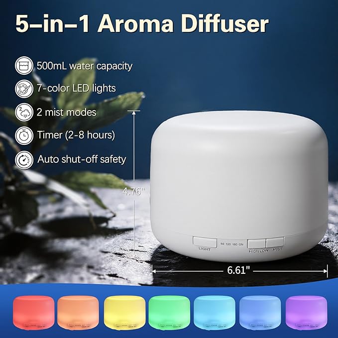 500ML Essential Oil Diffuser, Humidifiers for Bedroom, Office, Scent Diffuser for Home Hotel Spa Yoga Room with Remote Control, 7 LED Colors Light, Timer and Auto-Off Switch -White Bottom