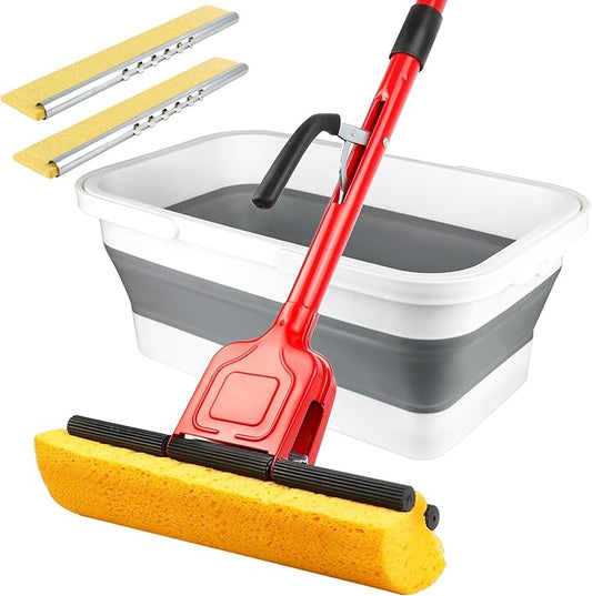 Compressed Cellulose Sponge Mop with 2 Roller swop mop Heads and 1 Bucket Suitable for Wood, Ceramic Tiles and Other Flat and Smooth Floors(1 Handle with 2heads and 1 Bucket)