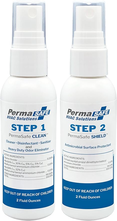 PermaSafe HVAC Solutions, Condensate Pan Cleaner & Shield Kit, HD Disinfectant Cleaner, Odor, Allergen, Mold and Mildew Eliminator, and Long-Term Antimicrobial Shield.