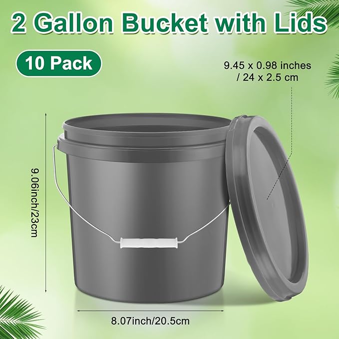 Tioncy 10 Pcs 2 Gallon Plastic Bucket with Lid Heavy Duty 2 Gallon Bucket Pail with Lid Handle for Storage Container Home Household Cleaning (Grey)