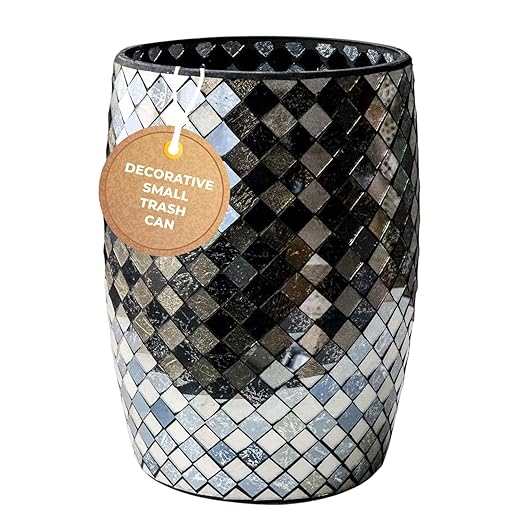 Escenzy Modern Bathroom Trash Can Mosaic Glass 5L | Decorative Small Garbage Can | 7" x 10" | Luxury Waste Basket for Restroom, Office, Bedroom & Kitchen | Shiny Black and Gold Bathroom Accessories