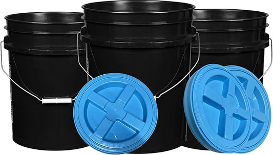 House Naturals 5 Gallon Black Bucket with Aqua lid Pack of 3 Made in USA containers