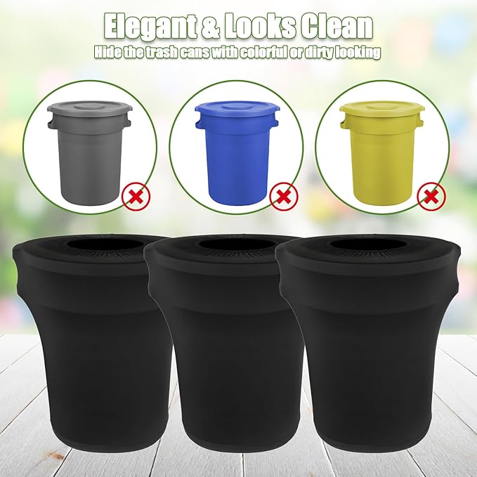 BTSKY 3Pcs Black Round Trash Can Cover 32 Gallon Stretch Spandex Trash Can Covers Outdoor Decorative Trash Bin Covers for Outside Wedding Parties Commercial Fundraiser Decor