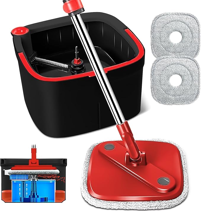Spin Mop and Bucket Set with Separation Dirty and Clean Water System, Self Wringing 360° Rotating Clean Mop-Head and Bucket Set for Hardwood Tile Marble Floor with 2Pads-Black+Red