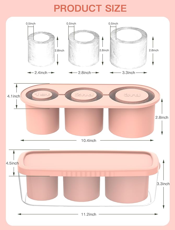 Ice Cube Tray for Tumbler Cup 30Oz-40Oz, 3 Pcs Silicone Cylinder Ice Mold with Lid and Bin for Freezer, Easy Fill and Release Ice Maker for Whiskey, Cocktail BPA-Free
