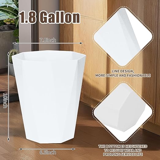 Plastic Trash Can - Waste basketbin for Office,Home,Bathroom,Kitchen - 1.8 Gallon - White