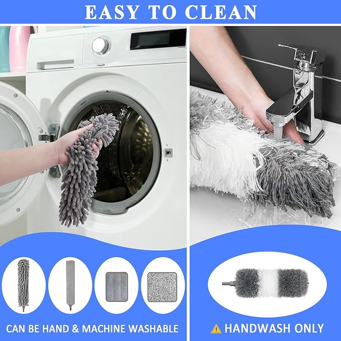 Microfiber Duster Kit 25pcs with 30 to 100 Inches Extension Pole and Baseboard Cleaner Tool, Washable and Bendable Feather Duster for Cleaning Ceiling Fans, High Ceilings, Cobwebs, Blinds,Grey