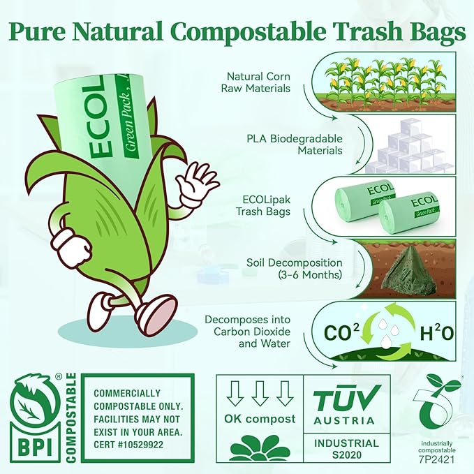 ECOLipak 13 Gallon Compostable Trash Garbage Bags, 100 Count (2 Rolls) Biodegradable Heavy Duty Bathroom Kitchen Trash Bags for Home/Office, US BPI ASTM D6400 and OK Compost Home Certified