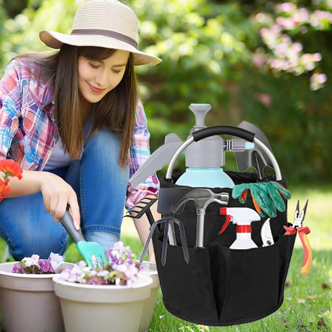 17L Cleaning Caddy with Handle, Garden Tool Organizers Bag, Cleaning Bucket Organiser, Foldable Gardening Bags Multi Pocket, Black