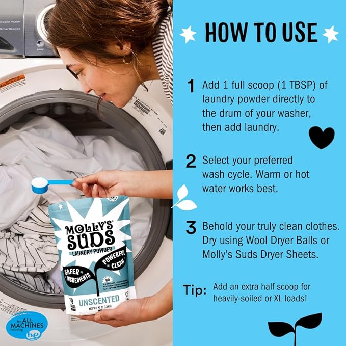 Molly's Suds Original Laundry Detergent Powder | Clean Laundry Detergent Powder for Sensitive Skin | Simple, Effective Ingredients, Stain Fighting | 120 Load (Peppermint)