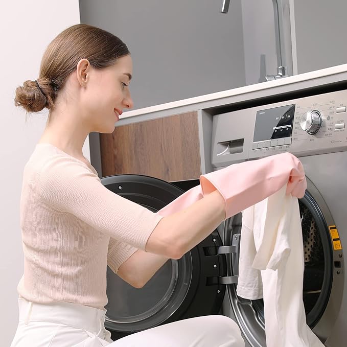 COOLJOB Small Household Rubber Gloves with Cotton Liner & Non-slip Grip, Waterproof Long Lasting Dishwashing Gloves for Kitchen & Bathroom Cleaning, Light Pink, 1 Pair