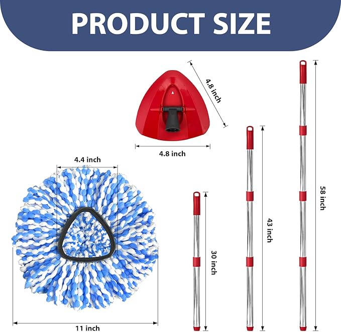 Spin Mop Replacement Set, Includes 2 Mop Head Replacement, 1 Spin Base, 1 Handle (30-58in Adjustable 4-Section Pole)