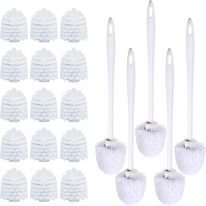 14.2 Inch Toilet Brushes White 5 Handles with 20 Replaceable Brush Heads Disposable Toilet Brush Set Bathroom Cleaning Brush Soft Bristle Long Handle Plastic Toilet Scrubber