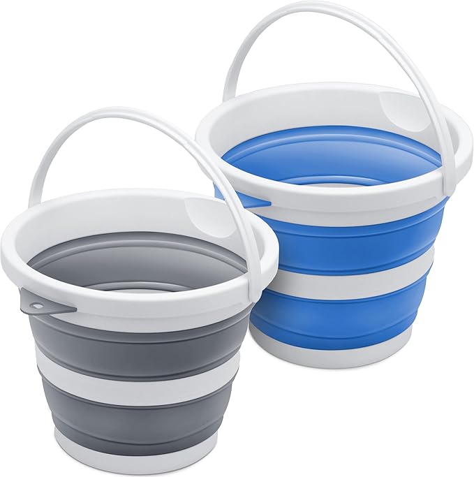 2-Pack Small Collapsible Bucket 1.3 Gal/5L, BPA-Free - Space-Efficient, Portable Foldable Water Pail for Household, Outdoor Use, Car Wash, Camping, Fishing - Duo Colors Grey & Blue
