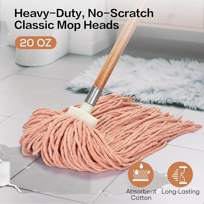 Matthew Cleaning Screw-on Heavy Duty Cotton Wet Mop Replacement Heads(Orange, Medium,3Pack) with 2 Pack Microfiber Cloth for Residential & Commercial Floor Cleaning Use- Fit Standard American Screw