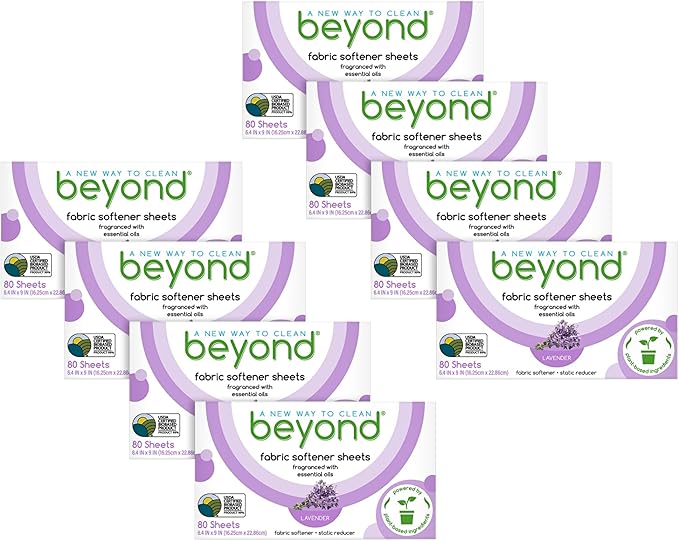 Beyond Fabric Softener Sheets (8 boxes of 80 sheets) - Lavender Scent - Eco-Friendly Plant-Based Dryer Sheets. Removes Static Cling. Recyclable Packaging.