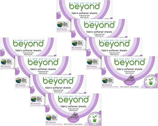 Beyond Fabric Softener Sheets (8 boxes of 80 sheets) - Lavender Scent - Eco-Friendly Plant-Based Dryer Sheets. Removes Static Cling. Recyclable Packaging.