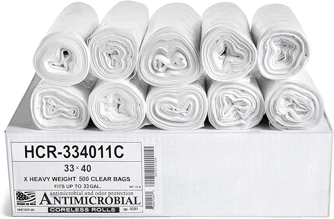 Aluf Plastics High Density Trash Bags, 33 Gallon, 500 Count, 11 Micron (eq), 33" x 40", Clear, for Bathroom, Office, Industrial, Commercial, Janitorial, Municipal, Recycling