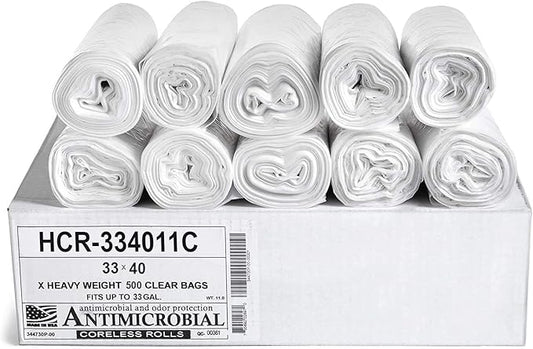 Aluf Plastics High Density Trash Bags, 33 Gallon, 500 Count, 11 Micron (eq), 33" x 40", Clear, for Bathroom, Office, Industrial, Commercial, Janitorial, Municipal, Recycling