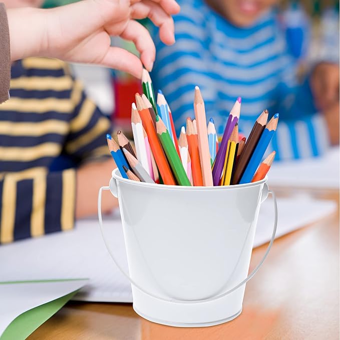 Small Metal Buckets with Handle, 6 Pack 4.3 Inch Colored Galvanized Bucket for Kids,Classroom,Crafts,and Party Favors (4.3" Top,White)