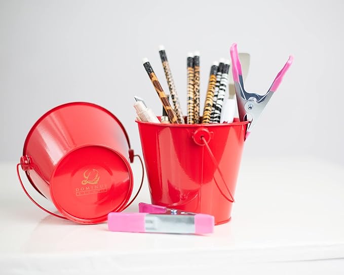 Small Metal Buckets with Handles - Leak-Proof Metal Pail Bucket - Galvanized Bucket with Handle - Multipurpose Tin Bucket for Party Favors, Organization, School, Weddings, Garden - Set of 6, Red