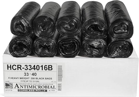 Aluf Plastics High Density Trash Bags, 33 Gallon, 250 Count, 16 Micron (eq), 33" x 40", Black, for Bathroom, Office, Industrial, Commercial, Janitorial, Municipal, Recycling