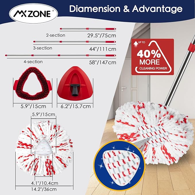 Spin Mop Head Replacement Base Handle Compatible with O Cedar EasyWring 1-Tank System, 3 Pack 40% More Cleaning Power Replace Heads, 1 Mop Handle, 1 Base and 1 Scrub Brush Combo Set