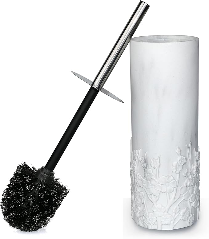 Marble Cherry Blossom Design Resin Toilet Brush and Holder Set for Bathroom, Stylish Design with Durable Bristles and Compact Storage