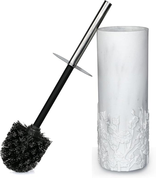 Marble Cherry Blossom Design Resin Toilet Brush and Holder Set for Bathroom, Stylish Design with Durable Bristles and Compact Storage