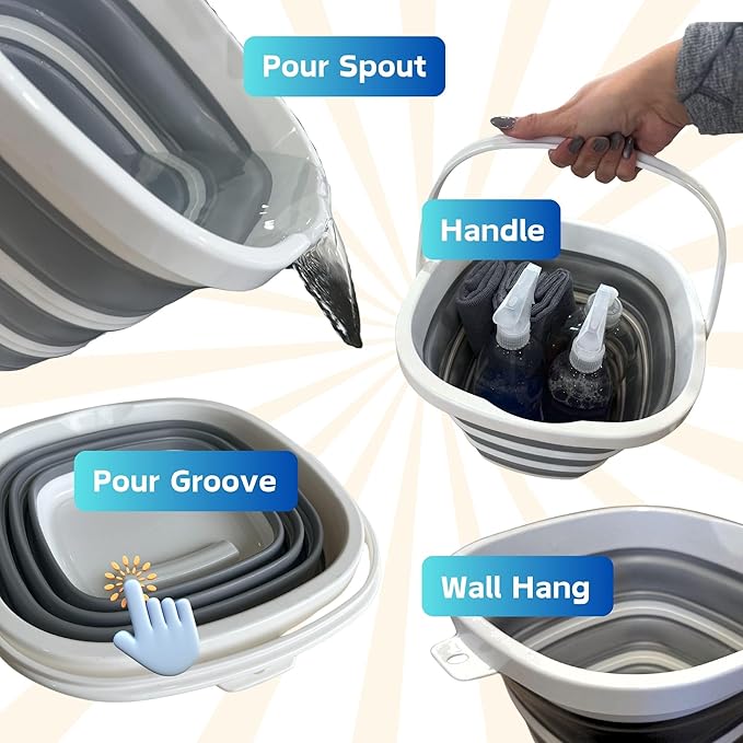 Collapsible Bucket 10L (2.6 Gallon) – BPA-Free Folding Silicone with Handle, Spout & Hook | Compact, Space-Saving for Mop, Cleaning, Car Wash, Camping, Beach, and Outdoor Use (Grey)