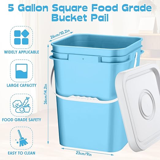 Vesici 6 Pcs 5 Gallon Food Grade Square Buckets with Lids 5 Gal Plastic Food Storage Square Bucket Heavy Duty Industrial Pail Container with DIY Label Stickers Handles for Water Painting(Mix Color)
