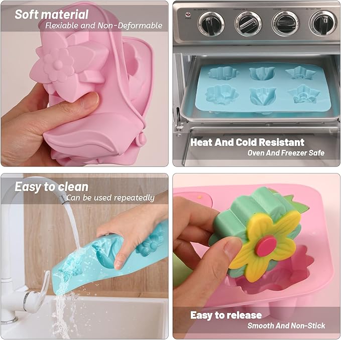 Sakolla 6-Cavity Flower Soap Molds Silicone, 2 Pack Tulip Different Flower Shapes Silicone Molds for Soap, Lotion Bar, Bath Bombs, Chocolate, Candy Baking Molds Jelly, Ice Cube Tray