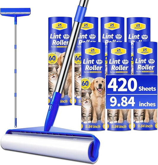 9.84" Large Extra Sticky Lint Roller, 58.3" Long Handle Lint Remover with 7 Rollers for Clothes, Cat Dog Pet Hair, Furniture, Couch, Carpet, Floor，Painted Wall Cleaner Mop Dust Cleaning