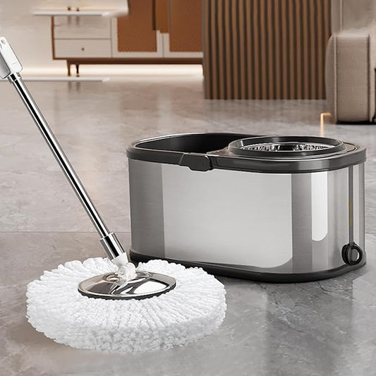 Spin Mop and Bucket with Wringer Set for Home,360° Mop and Bucket with Separate Clean and Dirty Water,Wet Dust Mop for Floor Cleaning with Extra Refills (Silver with 6 Pads)