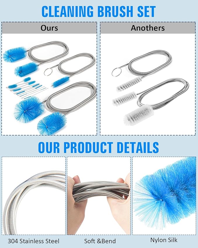 Cleaning Brush,13Pcs Stainless Steel Nylon Brush Set,Flexible and Portable Cleaning Brushes for Household Use,Bottle Washing Brush,Long Pipe Cleaners,Sunroof Drain Cleaning Tool