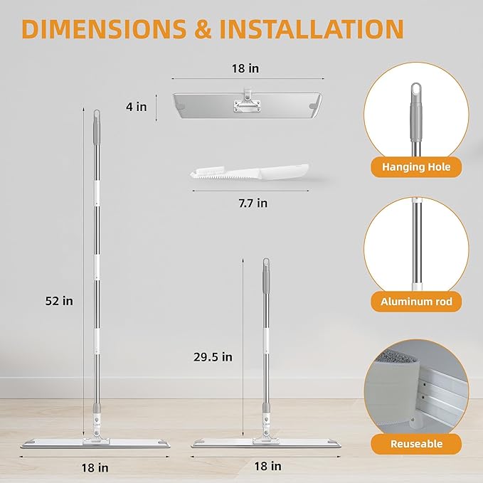 Flat Microfiber Mop for Floor Cleaning, 18 inch (17.7 in/45 cm) Aluminum Base, Adjustable Stainless Steel Handle 29.5 to 52 in, 360-Degree Swivel, Dry & Wet, 4 Washable Pads - LJGG