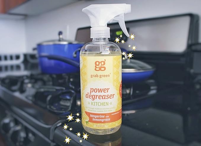Grab Green Kitchen Power Degreaser, 16 Ounce (Pack of 3), Tangerine Lemongrass Scent, Biodegradable, Plant and Mineral Based, Cuts Through Tough Grease and Grime