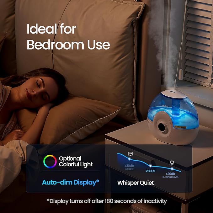 raydrop 2.2L Humidifiers for Bedroom, Cool Mist Humidifiers with Timer, Digital Knob, 26dB Quiet Small Humidifier for Baby, Nursery and Plants with Night Light, 30 Hours Runtime, Easy to Fill & Clean