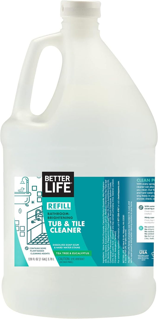 BETTER LIFE Bathroom Cleaner - Tea Tree Bathtub & Shower Cleaner Spray for Glass and Tile - Foaming Mold and Mildew Remover for Tub Works on Hard Water Stains - 1 Gal Refill