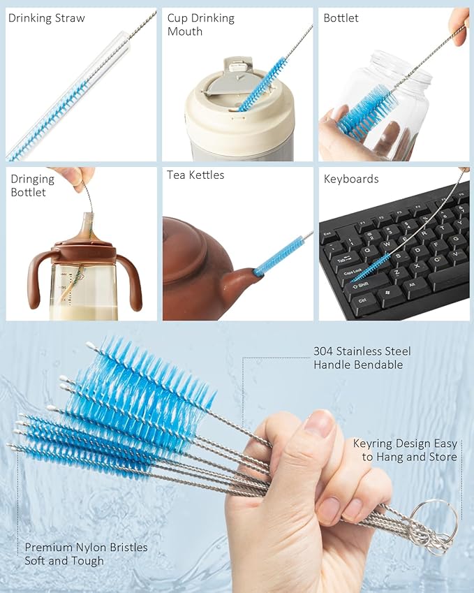 Cleaning Brush,13Pcs Stainless Steel Nylon Brush Set,Flexible and Portable Cleaning Brushes for Household Use,Bottle Washing Brush,Long Pipe Cleaners,Sunroof Drain Cleaning Tool