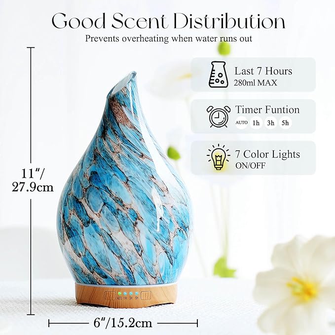 Porseme 280ml Glass Essential Oil Diffuser Aromatherapy Ultrasonic Cool Mist Humidifier 7 Running Hours Waterless Auto-Off Air Diffusers for Sleeping, Yoga, Office Working, Spa and Rest (Light Blue)