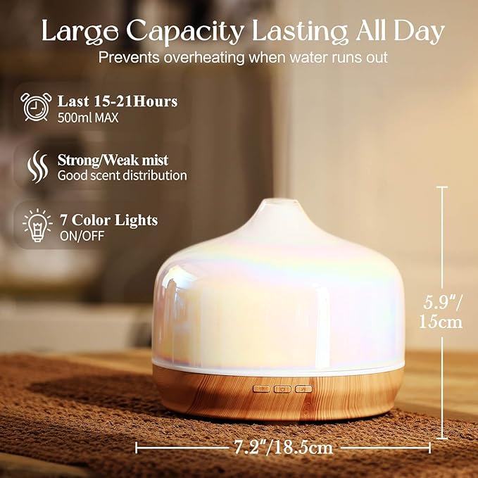 Porseme 500ml Glass Essential Oil Diffuser Aromatherapy Ultrasonic Cool Mist Humidifier 15-21 Running Hours Waterless Auto-Off Air Diffusers for Sleeping Yoga Office Working Spa and Rest (White Jade)