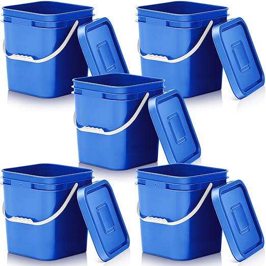 Mumufy 5 Pcs 3.5 Gallon Square Food Grade Bucket with Lid Square Bucket Pail with Plastic Handles for Storing Dry Food, Charcoal, Camping, Fishing (Blue)