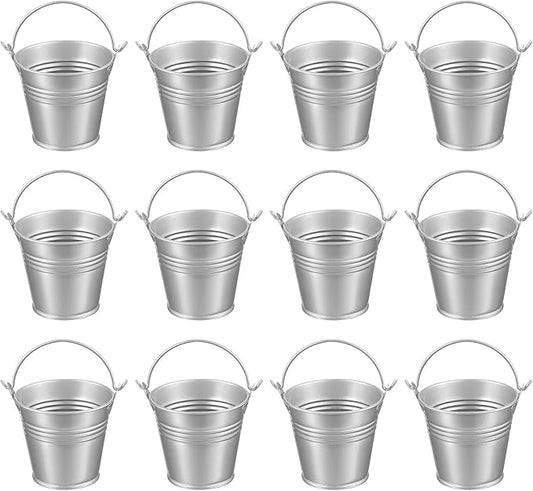 PATIKIL 2.7"x2.3" Small Metal Buckets with Handle, 12 Pcs Mini Galvanized Bucket Colorful Easter Buckets for Crafts Party Favors Decoration, Silver
