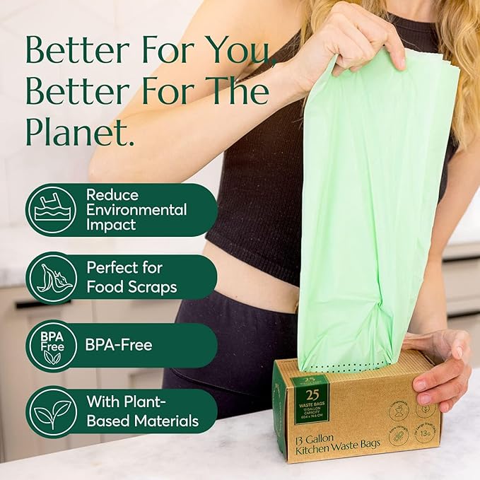 Cleanomic Compostable* Trash Bags with Drawstring (13 Gallon, 25 Units, Tall), BPI Certified For Kitchen Compost