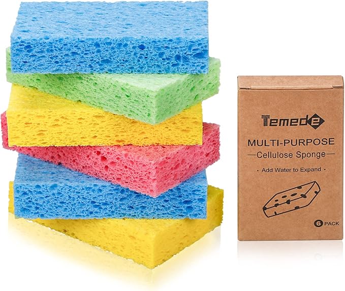 Temede Cellulose Sponges,Heavy Duty Scrub Sponges,Non-Scratch Kitchen Sponges for Dish,Colorful Compressed Dish Scrubber Sponge for Household,Cookware,Bathroom,6pcs