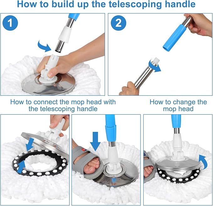 Spin Mop and Bucket with Wringer Set on Wheels, 360° Spinning Mop Bucket System with 3 Microfiber Mop Replacement Heads and 61" Stainless Steel Adjustable Handle for Floor Cleaning (25QT)